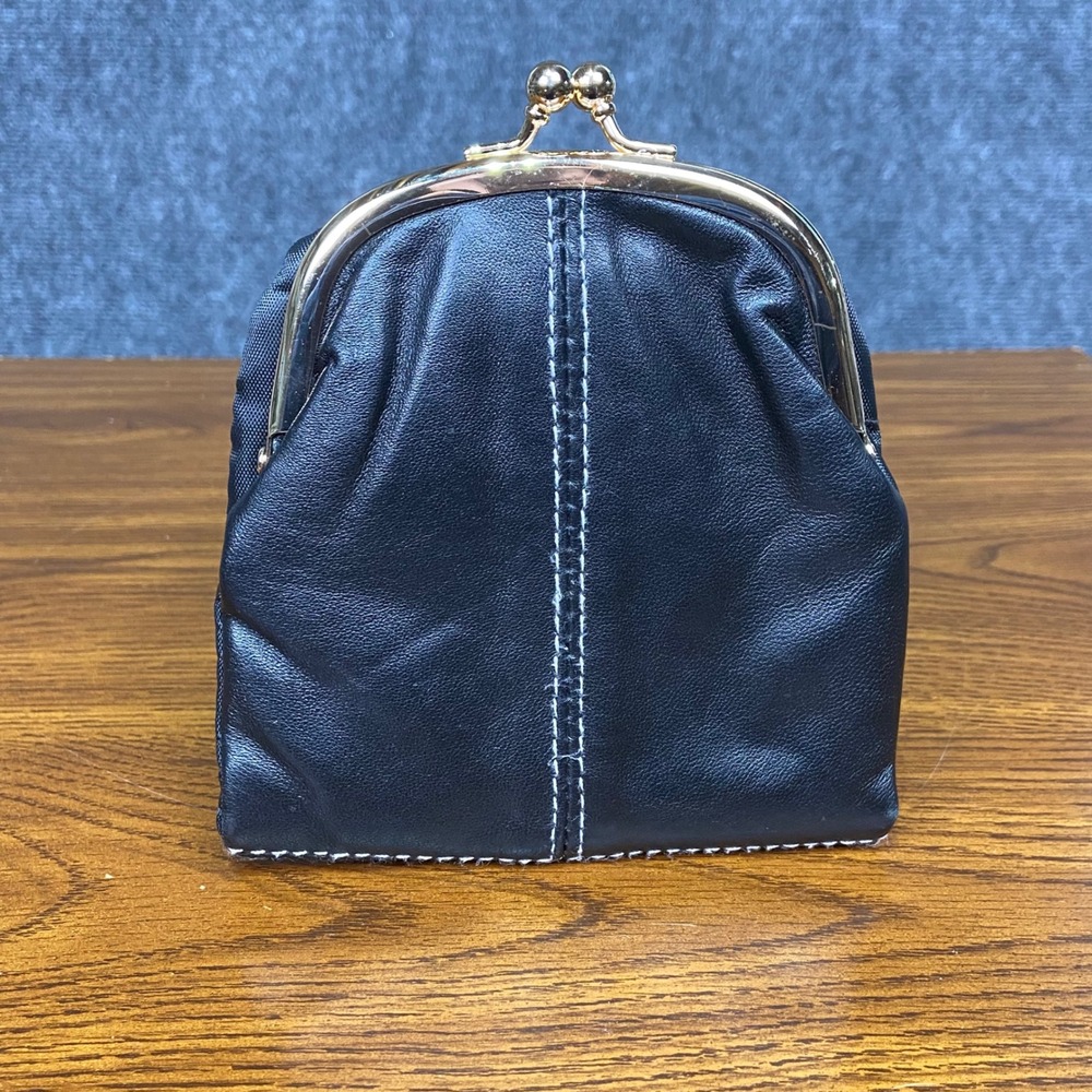 Black Leather Kisslock Coin Purse Vintage Style Change Wallet Clutch
